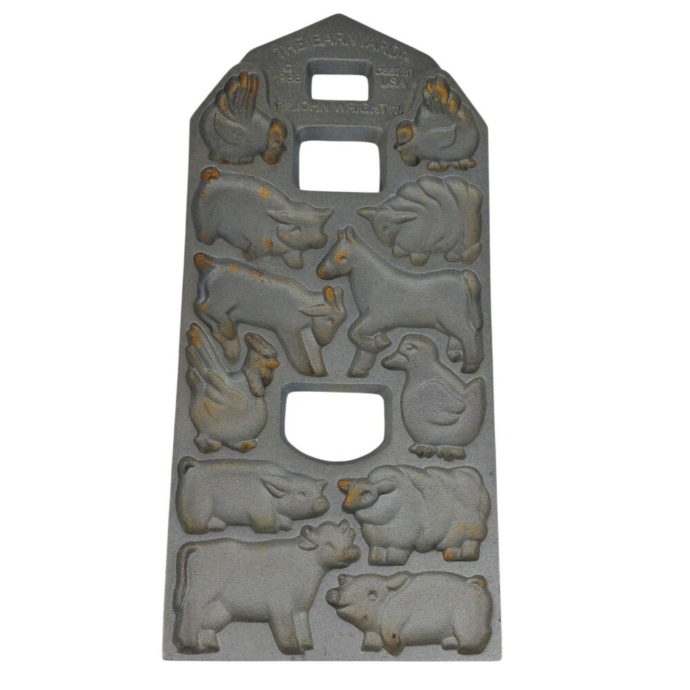 John Wright 1988 Barnyard Cast Iron Cookie Cornbread  Baking Mold Farm 2 sided
